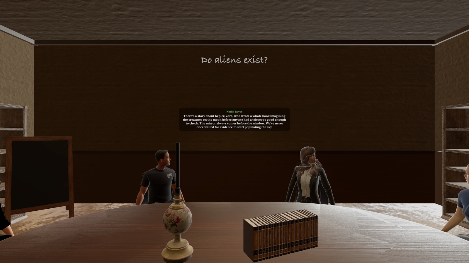 Inside the simulator: the class seated at the oval table in the antique classroom